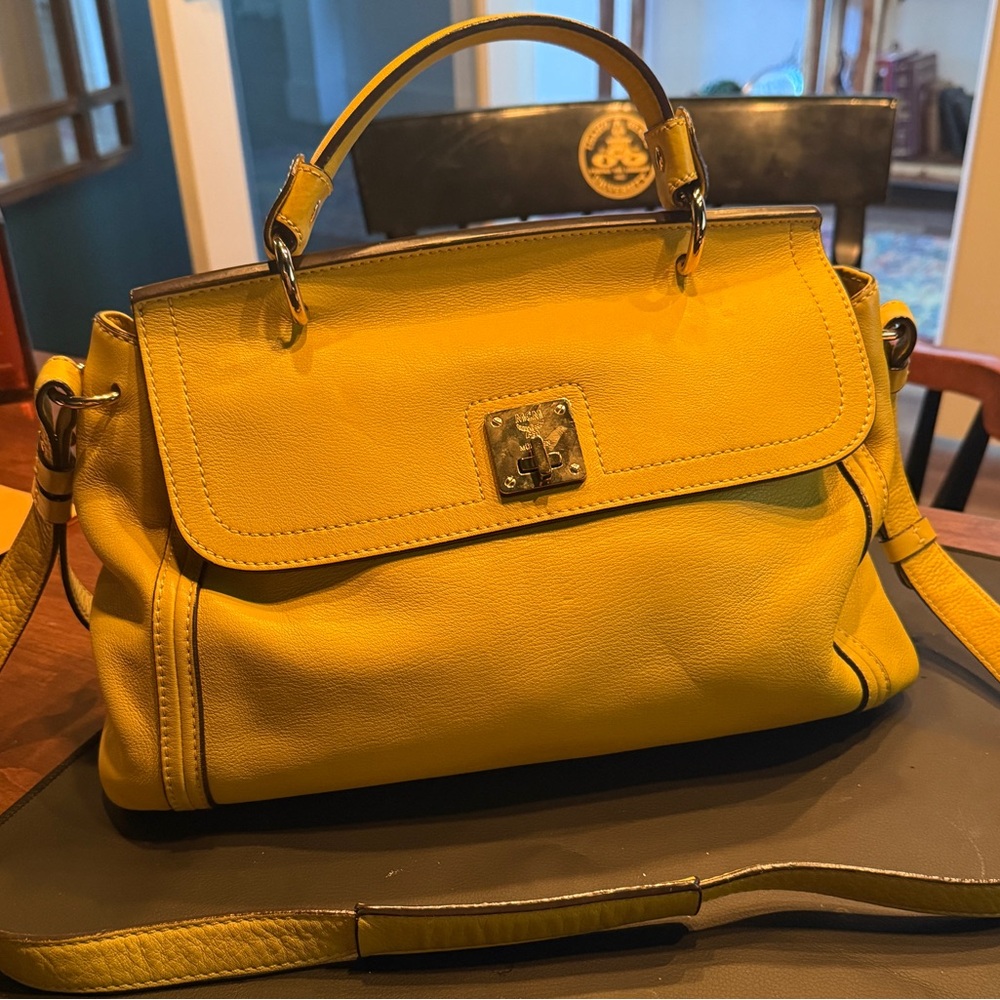 MCM Leather Top Handle Satchel with Strap - Yellow